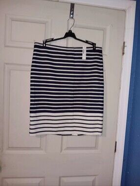 J Crew Womens Pencil Skirt Navy And White Striped Lined Zip Back Sz 16